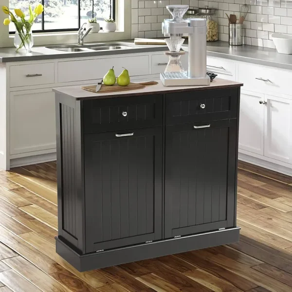 Kigoty Dual Kitchen Trash Cabinet, Double Tilt Out Trash Can Cabinet with Countertop and Drawer (Black)