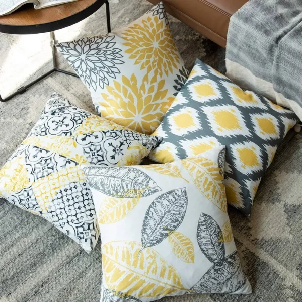 Phantoscope New Living Series Duplex Printing Decorative Throw Pillow Cover, 18 inch x 18 inch, Yellow/Gray, 4 Pack, Size: Covers Only