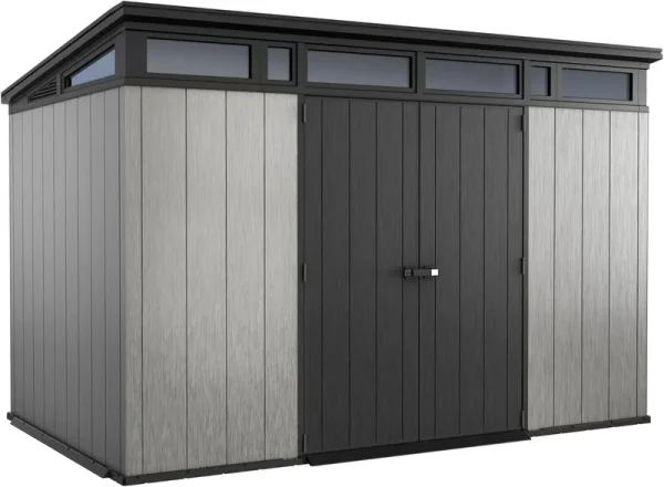 Keter Artisan 11x7 Modern Resin Outdoor Storage Shed Kit-Perfect to Store Patio Furniture. Garden Tools Bike Accessories. Beach Chairs and Lawn Mower. Grey & Black