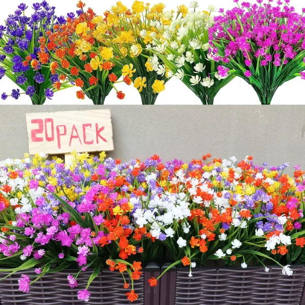 20 Bundles Artificial Fake Flowers, UV Resistant Faux Flowers Arrangement, Fake Plants Greenery Shrubs for Indoor Outdo