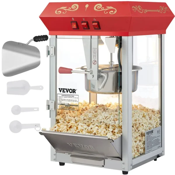 VEVOR Commercial Popcorn Machine, 8 oz Kettle, 850 W Countertop Popcorn Maker for 48 Cups per Batch, Theater Style Popper with 3-Switch Control