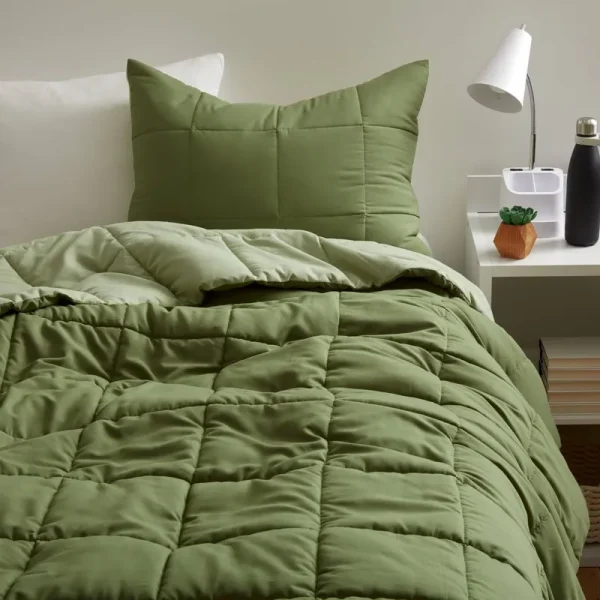 Dormify Reversible Down Alt Comforter and Sham Set , Includes Sham, Full/Queen Bedding, Olive Green, Lightweight, POLYESTER, Dorm or Bedroom Essential
