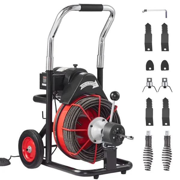 VEVOR Drain Cleaner Machine 100FT x 3/8 in, Auto Feed Sewer Snake Auger on Wheels, 370W Portable Drain Cleaning Machine with 8 Cutters & Air - Activated Foot Switch for 2" to 4" Pipes