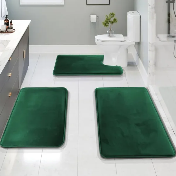 Clara Clark 3 Piece Ultra Soft Non-Slip Plush Memory Foam Bath Rug Set - Small, Large & Contour - Hunter Green