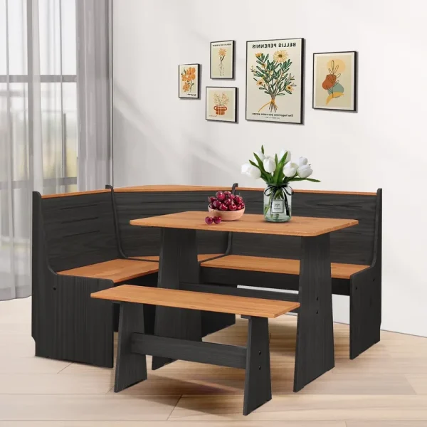 Breakfast Nook Kitchen Corner Dining Table Bench Chair Set, Space - Saving 3 - 4 Seat L - Shape Farmhouse Mid Century Modern Style for Family Home Black Wood