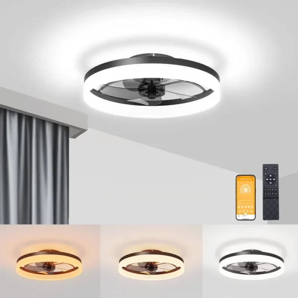 VOLISUN Low Profile Ceiling Fans with Lights and Remote, Fandelier Ceiling Fan Flush Mount 19.7inch, 3000K-6500K Smart Bladeless LED Fan Light, Black