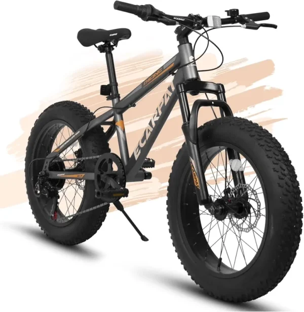 20 in Mountain Bike for 7 - 15 Years Old, 7 Speed Kids Bike with High Carbon Steel Frame, Fat Tire and Dual Disc Brake, Front Suspension Mountain Bicycle Gift for Boys Girls, Grey - Orange