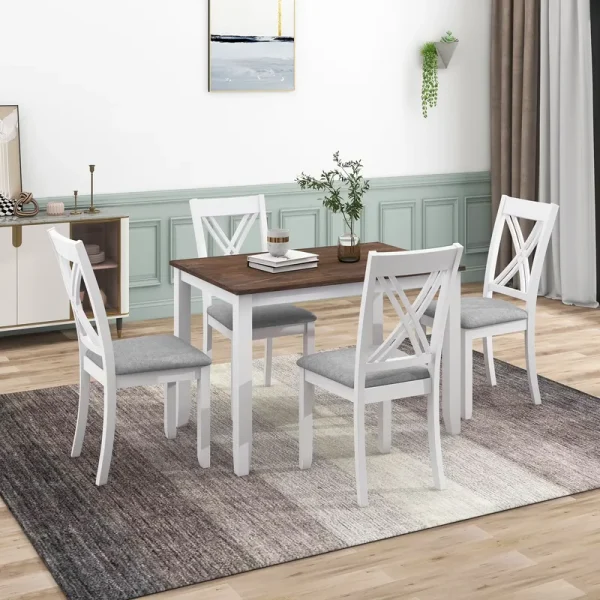 Seizeen Solid Wood Kitchen Table and Chairs, Dining Room Table Set for 4 with Gray Upholstered Chairs, Wood Grain Table Heavy - Duty Frame, Rustic Minimalist Style Breakfast Nook Set