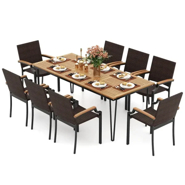 Tangkula 79” Rectangular Outdoor Dining Table with Acacia Wood Top & Umbrella Hole