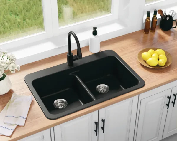 Allen + Roth Kenji Dual-Mount 33-in x 22-in Nero Granite Double Equal Bowl 3-Hole Kitchen Sink in Black | CLTN200DM13-Instock