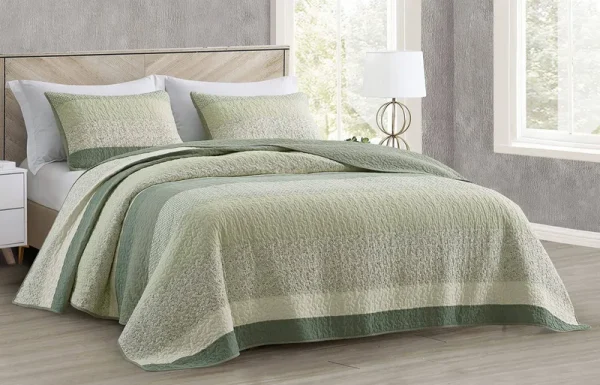 Chezmoi Collection 3-Piece Chic Green Floral Patchwork Stripe Cotton Quilt Reversible Lightweight Bedspread Set, Queen Size