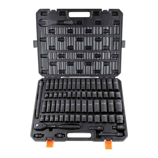 VEVOR 1/2" Drive Impact Socket Set 65 Piece Socket Set SAE 3/8" to 1-1/4" and Metric 10-24mm 6 Point CR-V Alloy Steel for Auto Repair Rugged