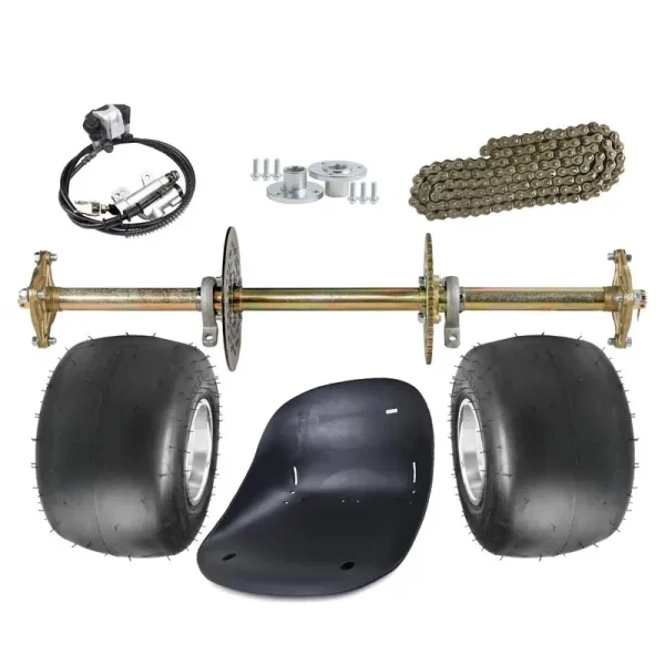 32in Rear Axle Kit with 5" Wheels, 11x7.10 - 5 Tires, 428 41T Sprocket & Brake Caliper Master Cylinder, 3 Stud Hubs, Go Cart Seat for Racing Go Kart, ATV Quad Buggy & Drift Trike, Karting