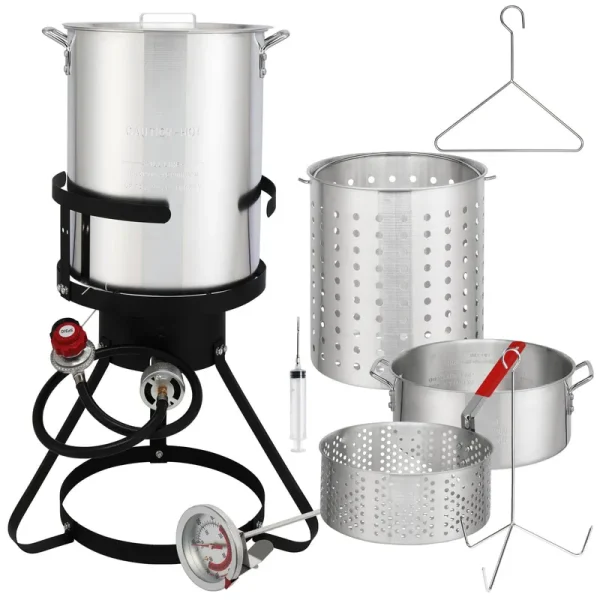 Kcelarec 30 qt Aluminum Turkey Deep Fryer Pot Boiling Lid Seafood Cajun GAS Stove Burner Stand Injector Thermometer 54,000 BTU