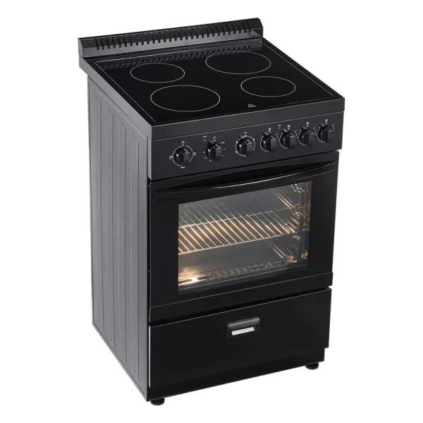 KFFKFF 24 - Inch Electric Range Oven, 2.7 Cu. Ft. Compact Freestanding Design, Stainless Steel Finish, Features 4 Burners, Adjustable Racks, Storage Drawer, Drip Pan, and Indicator Light, Black