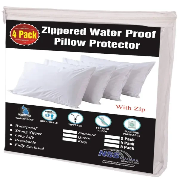 Niagara Sleep Solution 4 Pack Waterproof Pillow Protectors Standard 20x26 Inches Life Time Replacement Smooth Zipper Premium Enc