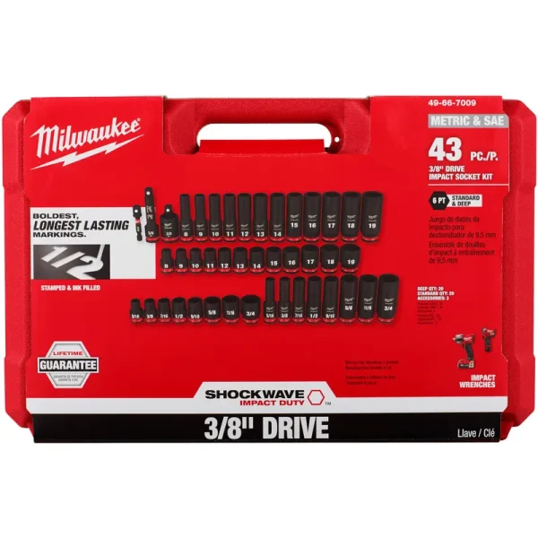 Milwaukee 49-66-7009 43pc Shockwave Impact Duty 3/8" Drive SAE & Metric Deep 6 Point Socket Set