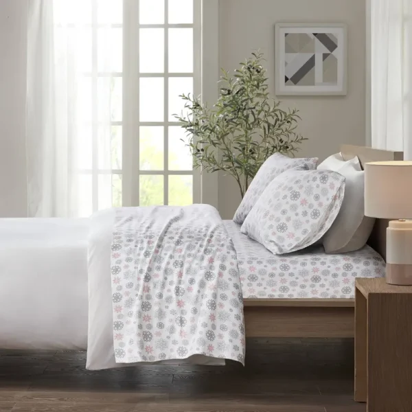True North by Sleep Philosophy Cozy Flannel King Pink/Grey Snowflakes Sheet Set