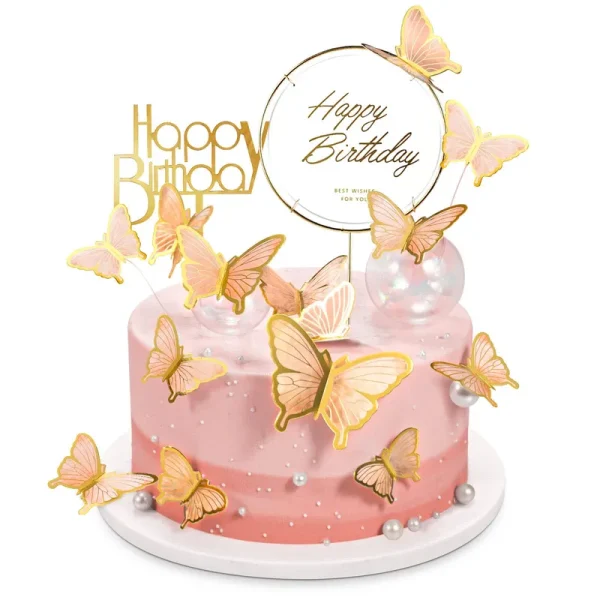 Langpa 22-Pieces Butterfly Cake Decorations with Happy Birthday Acrylic Cake Toppers for Baby Shower Wedding Birthday Party Decor (Orange)