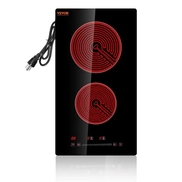 VEVOR 20 x 11.6 in. Built in Electric Stove Top 2 Burners Glass Radiant Cooktop with Sensor Touch Control Timer & Child Lock Black