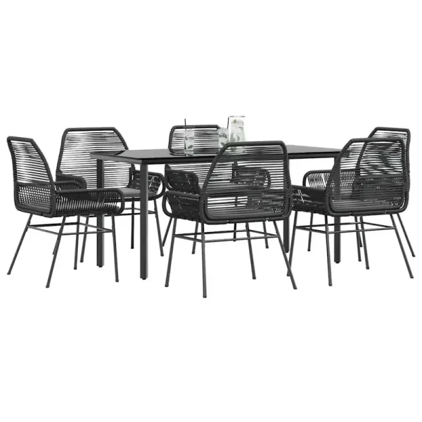 Vidaxl 7 Piece Patio Dining Set with Cushions Black Poly Rattan Glass