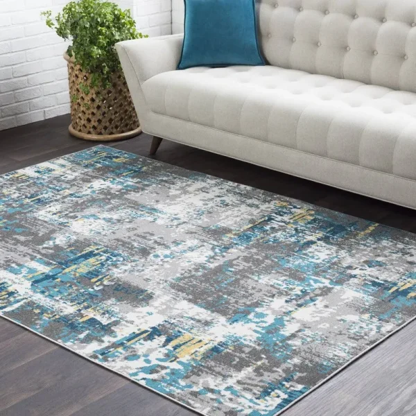 Ebern Designs Azurine Distressed Abstract Teal/Gray Area Rug Size Rectangle 7'10 inch x 10'3 inch Blue