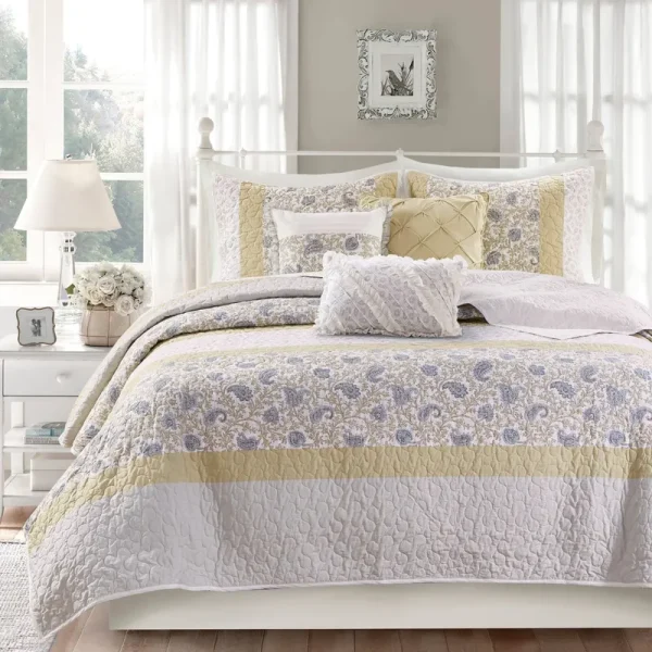 Madison Park Vanessa Cotton Percale 6-Piece Reversible Coverlet Set (Yellow - King - Cal King)