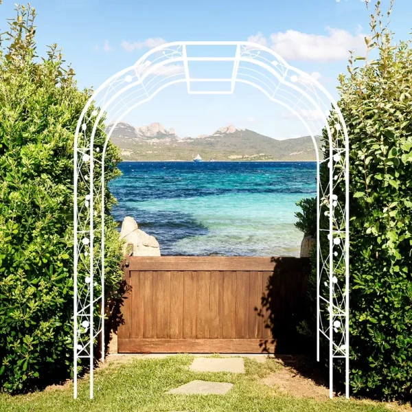 Aukfa Metal Garden Arch, Garden Arbor Trellis Climbing Plants Wedding Arch, 74.4" x 98.4", White