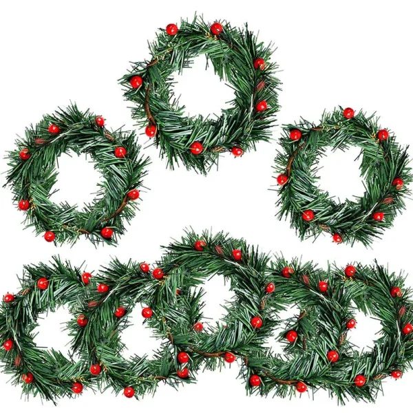 8 Pcs Holly Berry Candle Ring Small Artificial Red Berries Pine Needles Wreath for Christmas Garland Ornaments Decor by Baryuefull