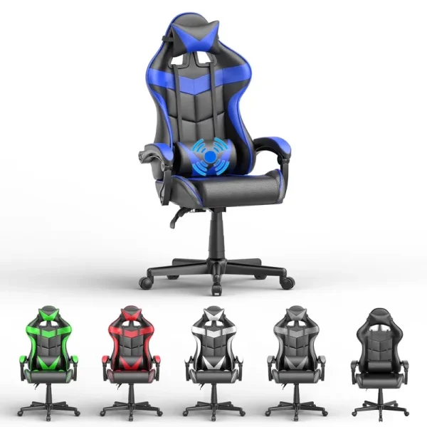 Soontrans Gaming Chair with Massage, High Back Computer Gamer Chair for Adults and S, Ergonomic Game Chair with Adjustable Headrest and Lumbar Support (Blue)
