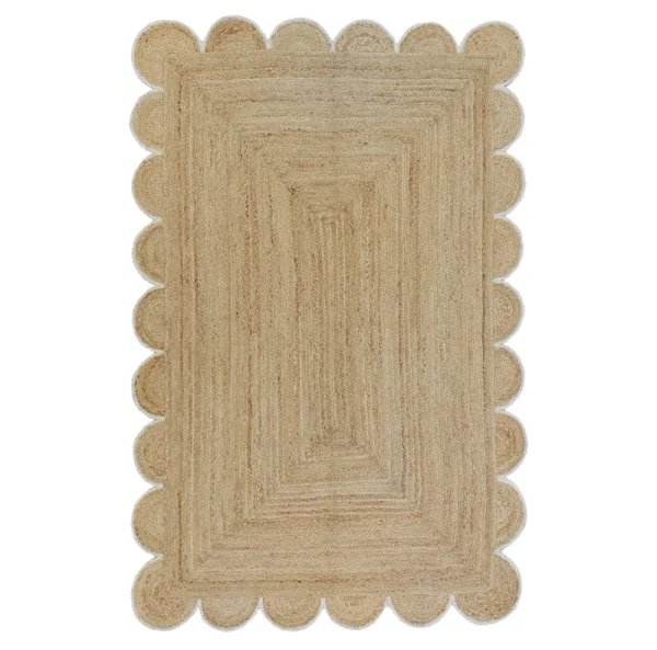 Weaving Village Scalloped Natural Jute Area Rug, Off White Trim, 2'x3'