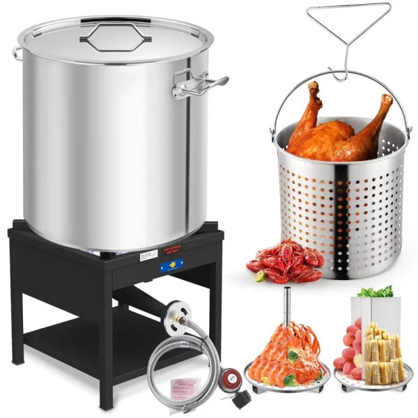 100QT Seafood Boiling Kit, 200, 000BTU Propane Burner and Stainless Steel Crawfish Boil Pot W/Basket and Steamer Rack, for Outdoors Cooking and Steaming, Large Turkey Fryer Pot, Lobster Shrimp Pot