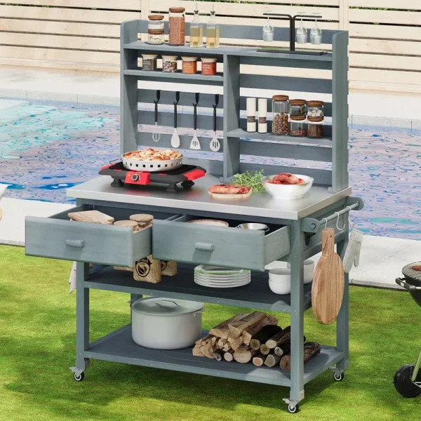 EUROCO 500 lb 64.9"h Solid Fir Wood Potting Bench with Stainless Top & 4 Wheels, Large Modular Garden Work Table with 4 Hooks, Bottle Opener, 4 Shelves and 2 Drawers, Outdoor Potting Table for Porch