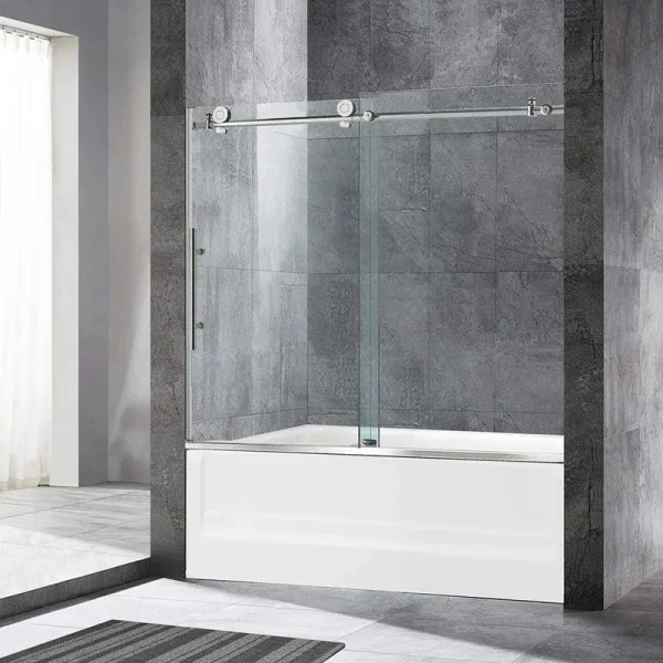Woodbridge Frameless Sliding Bathtub Door. 56 inch-60 inch Width. 62 inch Height. 3/8 inch (10 mm) Clear Tempered Glass. Chrome Finish. Designed for-Instock