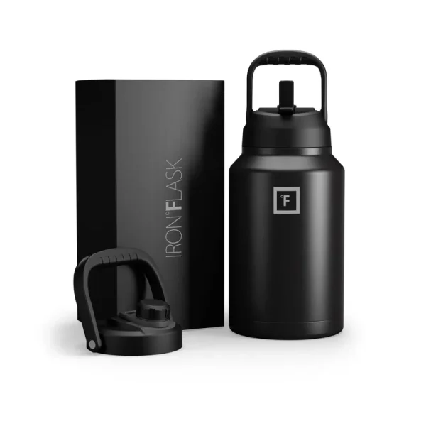 Iron Flask One Gallon Water Bottle with Straw and Spout Lids Midnight Black