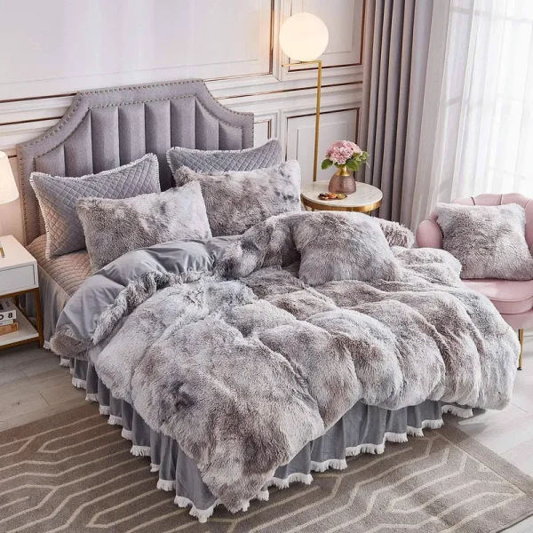 JAUXIO Luxury Abstract Faux Fur Bedding Set Tie Dye Printed Shaggy Duvet Cover with Pillow Shams Soft Crystal Velvet Reverse (Light Grey, Queen)