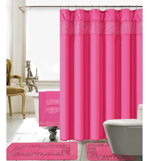 Latitude Run Sanches 18 Piece Embroidery Shower Curtain Set, Pink