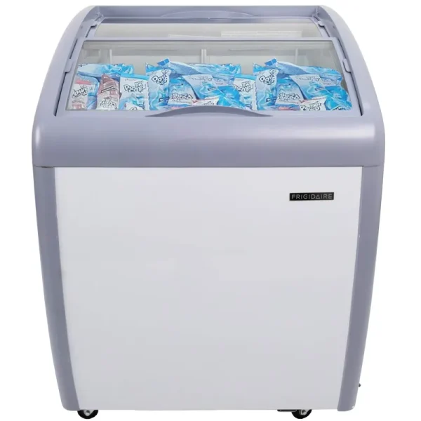 Frigidaire Commercial Chest Freezer for Ice Cream and Frozen Foods, Glass Top Display Storage Case, 4 Cu. Ft. Bin, Rolling Caster Wheels, Adjustable Temperature, Energy Efficient Cooling