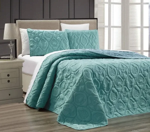 Grand Linen 3-Piece Tropical Coast Seashell Beach (California) Cal King Oversize Oversize Bedspread Turquoise/Blue Reversible Coverlet Embossed Bed