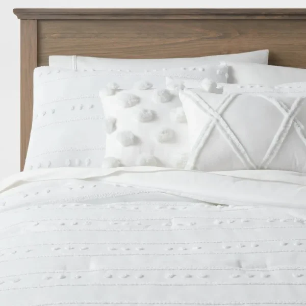 4pc Twin/Twin Extra Long Clipped Stripe Poms Comforter Bedding Set White - Threshold