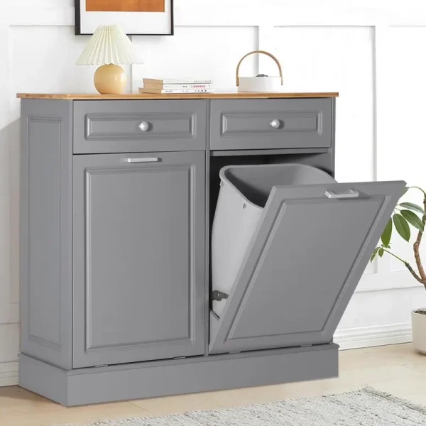 Eclife 20 Gallons Double Tilt Out Trash Cabinet Wood Tabletop, Upgrade Gray, WB010GY