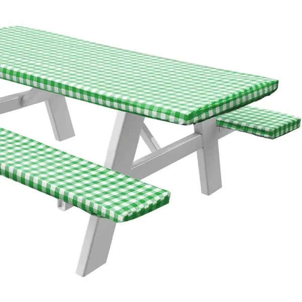 Picnic Tablecover with Bench Covers -Fitted with Elastic, Vinyl with Flannel Back, Fits for Table 30" x72" Rectangle, Checked Green Design by Sorfey