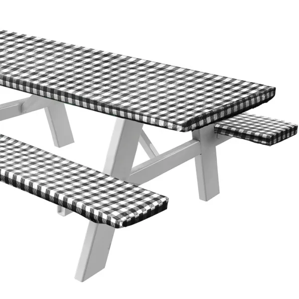 Picnic Tablecover with Bench Covers -Fitted with Elastic, Vinyl with Flannel Back, Fits for Table 30" x72" Rectangle, Checked Black Design by Sorfey