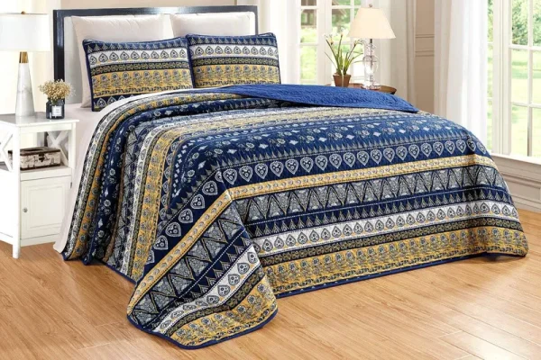 GrandLinen 3-Piece Fine Printed Oversize (100 inch x 95 inch) Quilt Set Reversible Bedspread Coverlet Queen Size Bed Cover (Navy Blue, Yellow Stripe)