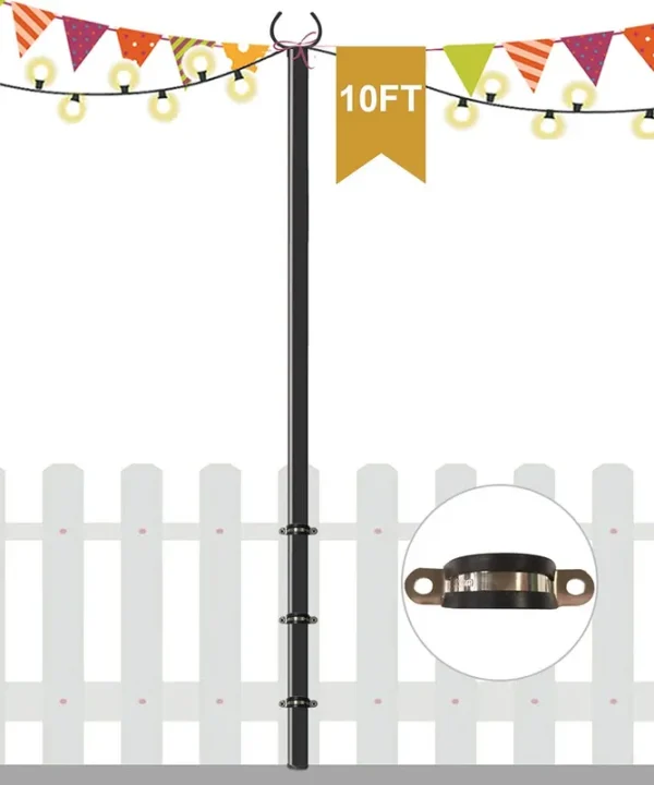 Derkniel 10 ft Outdoor String Light Pole Stand for Deck Fence or Patio Railing, Adjustable Globe Patio Light Post for Hanging Outside Decorate