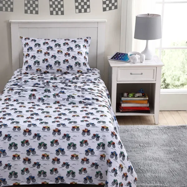 Poppy & Fritz Trucks 4-Piece Gray Microfiber Kids Full Sheet Set