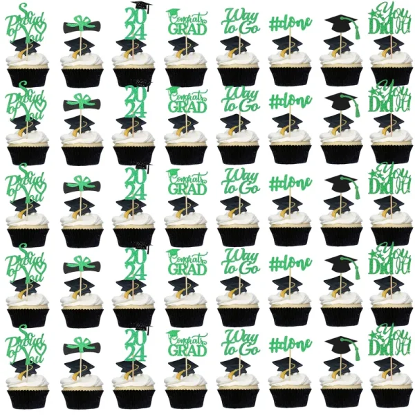 Graduation Cupcake Toppers 2024 Green,Glitter Class of 2024 Cupcake Toppers Supplies,Class of 2024 Congrats Grad Cap Diploma Cupcake Picks for