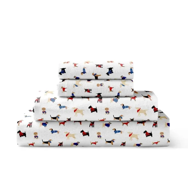 Brielle Home 100% Cotton Flannel Sheet Set Queen / Dogs White