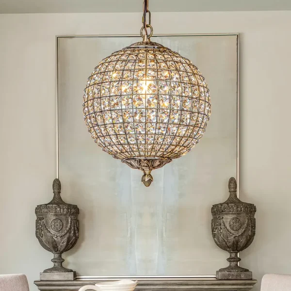 1 - Light 12" Retro Antique Gold Crystal Globe Chandelier Small Sphere Pendant Light