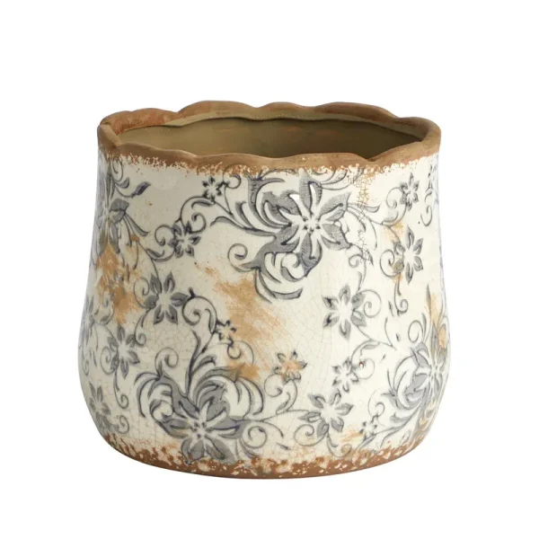 Nearly Natural 7in Tuscan Ceramic Gray Scroll Planter